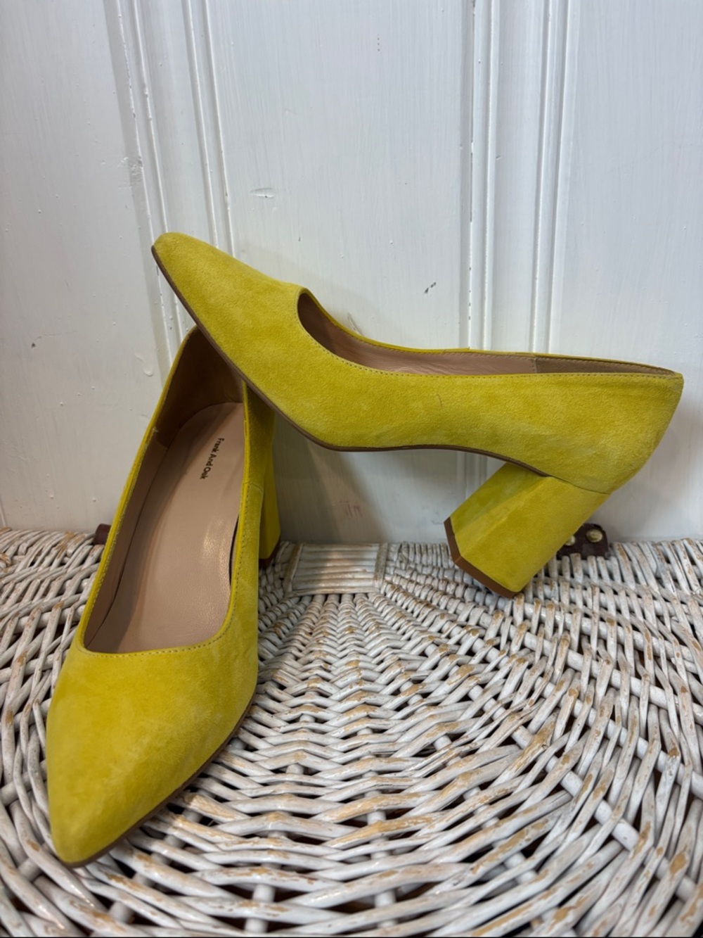 Frank & Oak Chartreuse Suede Block Heel Pumps | Made in Spain | Size 8.5 / EU 39